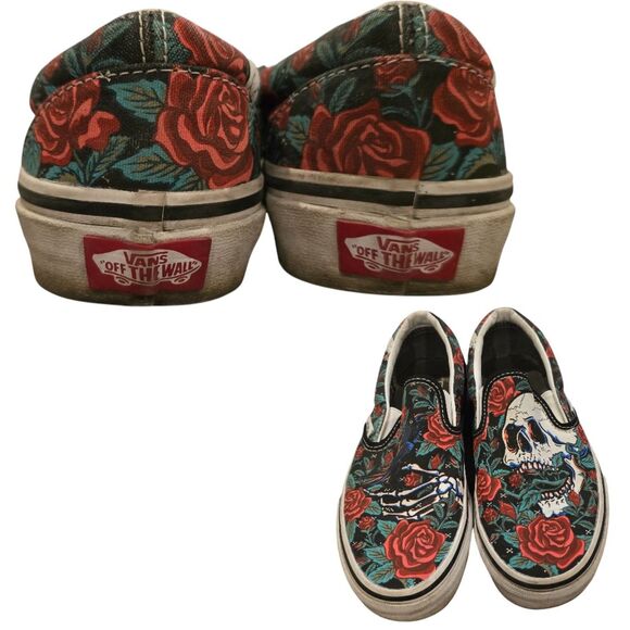 Vans Slip-0n Rose Skulls Black Red White Sneaker Size 4 Men's 5.5 Womens - Picture 2 of 6